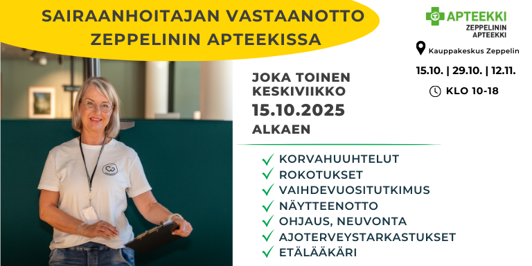 Mainoskuva sairaanhoitajan vastaanotosta apteekissa joka toinen keskiviikko